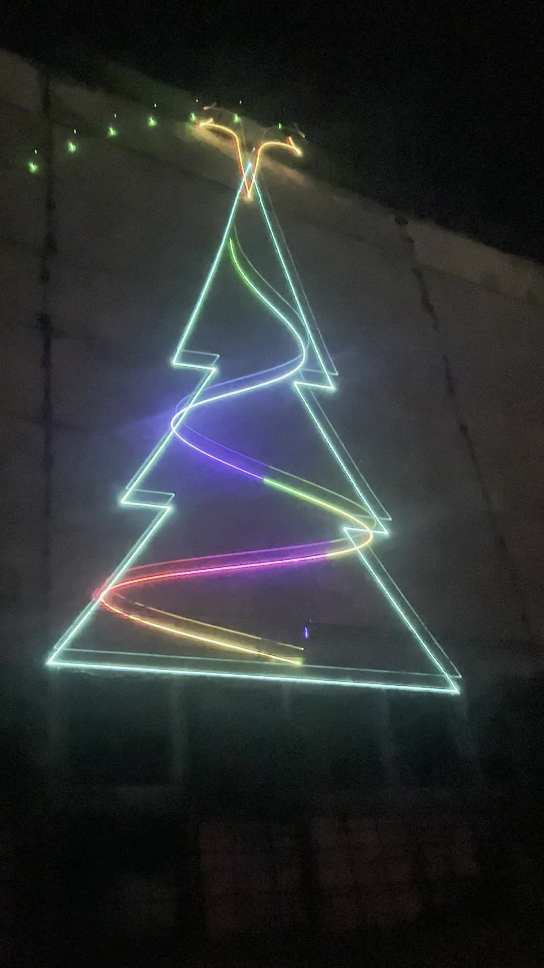 Brad de Crăciun desenat cu laser pe fațada unei clădiri